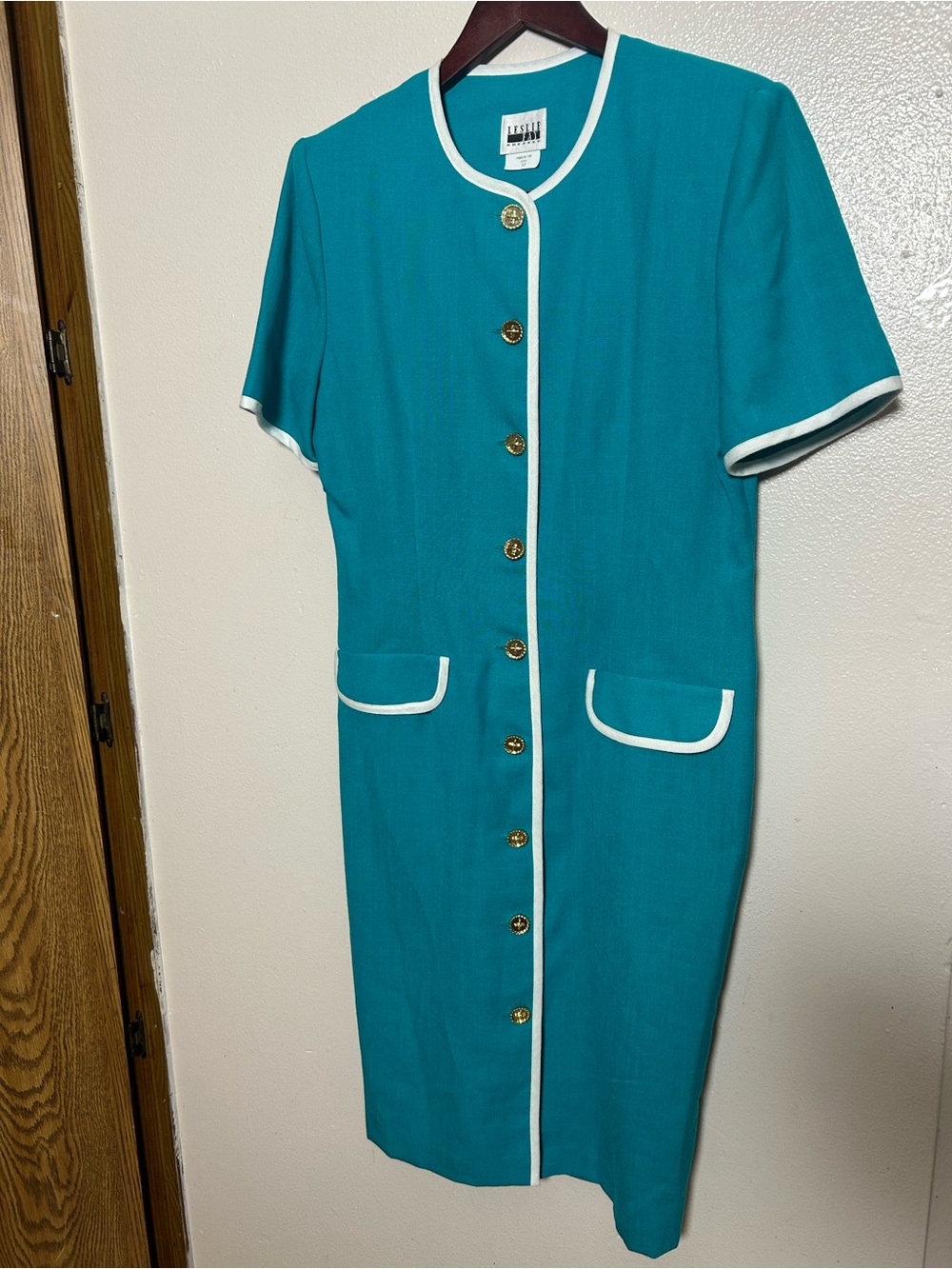 Leslie Fay Teal Dress with White Trim and Gold Button Size 12 Rayon Polyester